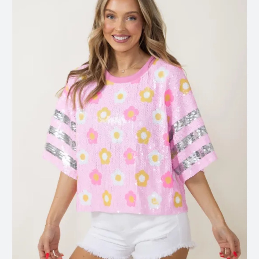Simply Southern Pink Sequin Daisy Crop Top
